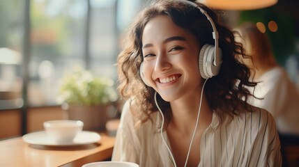 beautiful young Asian woman enjoying drinking coffee and listening to music with headphones at home. - obrazy, fototapety, plakaty