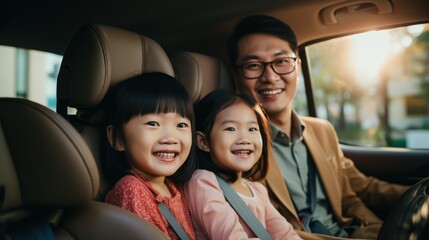Fototapeta na wymiar Asian family Happy little girl with family sitting in car car insurance concept