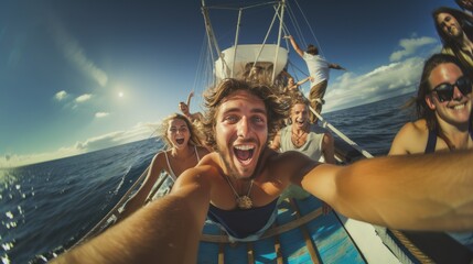 Crazy friends jump happily from a sailboat into the sea - Young people jump into the sea during summer vacation - Mainly focused on middlemen - Travel and fun concept - obrazy, fototapety, plakaty