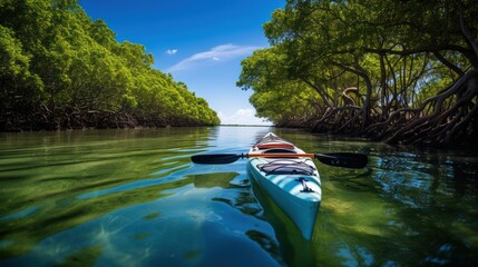 Photograph of a double kayak in the mangrove river of the Keys, Florida, USA. - obrazy, fototapety, plakaty