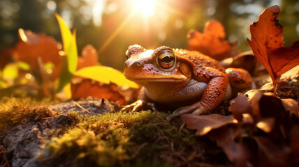 Dumpy Frog On Leaves, Frog, Amphibian, Reptile,golden hour