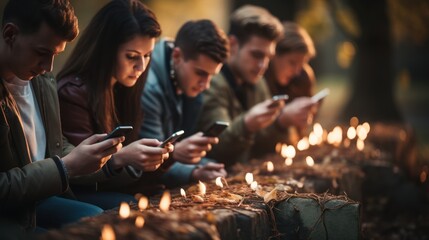 Photograph of a group of happy friends sitting and talking on their cell phones. - obrazy, fototapety, plakaty