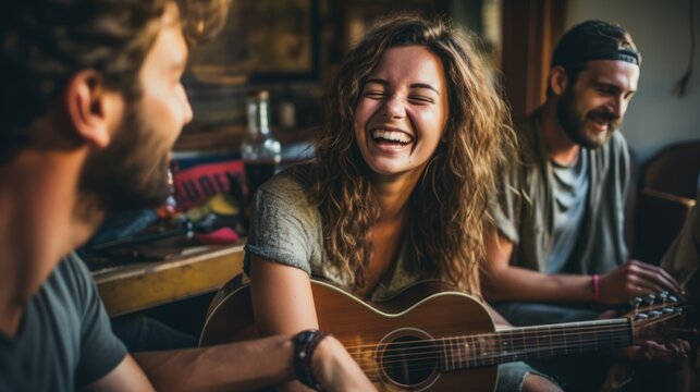 Trendy Millennial Friends Having Fun in Dorm Living Room - Happy Young People Enjoying Time Together Playing Music and Drinking Shots