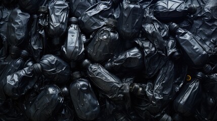 Plastic bottles in black garbage bags waiting to be recycled.