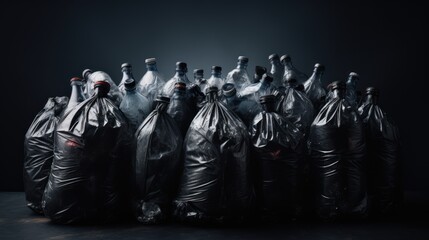 Plastic bottles in black garbage bags waiting to be recycled. - obrazy, fototapety, plakaty