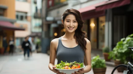 Schilderijen op glas Asian woman is holding a salad bowl and looking at the camera. A Beautiful girl in sportswear likes to eat clean vegetables after exercising for a healthy home. Diet and healthy food concept © sirisakboakaew