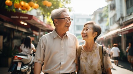 Happy elderly couple hugging each other Take care and love with a good relationship. Good health and romance in the park, retirement insurance, and cute couple ideas. - obrazy, fototapety, plakaty