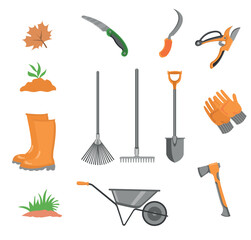 Gardening set. Tools, wooden box, garden gloves, rubber boots, watering can, tags, human hand, soil, scissors, plant pot Isolated. Floristry and gardening, hobby, outdoor activities. Gardeners Supply.