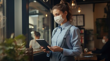 A waiter wearing a mask checks boxes from the food delivery person to the restaurant's pickup point. And avoid ordering online during the coronavirus outbreak or COVID-19. - obrazy, fototapety, plakaty