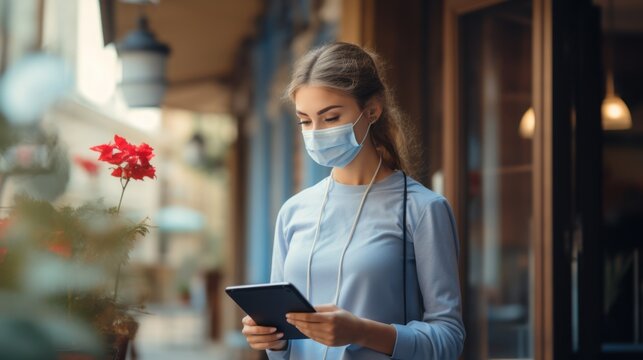 A waiter wearing a mask checks boxes from the food delivery person to the restaurant's pickup point. And avoid ordering online during the coronavirus outbreak or COVID-19.