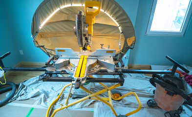 Dewalt detailed perspective of skillsaw warning sign, copy space blade denger theme, worning.