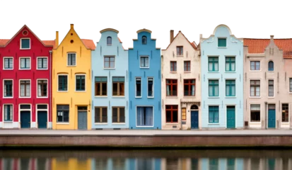Poster isolated transparent background PNG. row of colorful houses in the bruges canals. historic architecture, medieval buildings © ana