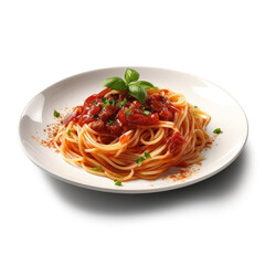 spaghetti with tomato sauce and basil with white background, isolated