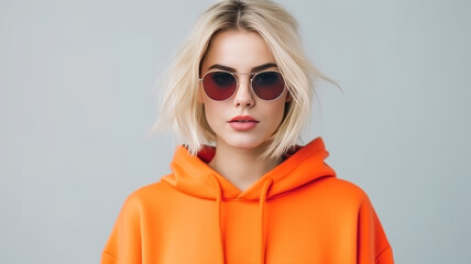 Fashionable confident blonde woman wearing trendy orange sweatshirt, color sunglasses.generative ai