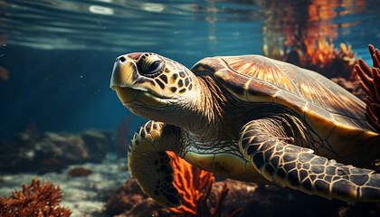 Fototapeta na wymiar The majestic sea turtle swims gracefully in the underwater reef generated by AI
