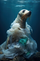 Harbor seal tangled in plastic garbage. Pollution in our oceans is threatening marine life and nature's aquatic ecosystems.