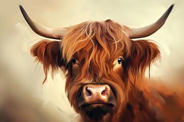 Portrait of Scottish Sweetness: The Charming Cow. AI generated image - obrazy, fototapety, plakaty