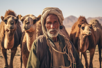Arab shepherd of the camels standing in the desert, arabian farmer concept. Generative Ai - obrazy, fototapety, plakaty