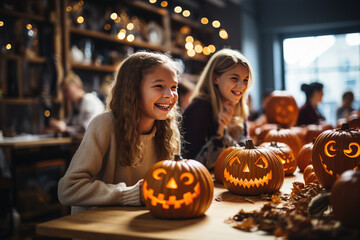 Happy smiling children carve traditional pumpkin jack-o-lantern. AI generated.
