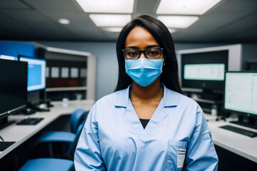 Fototapeta na wymiar Portrait of a Female Surgeon wearing in sterile gloves, blue surgical uniform In the Modern Operating Theater surrounded by computer screens in a clinic. 