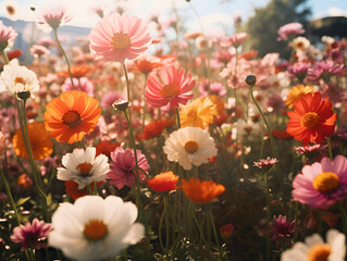 Fototapeta na wymiar Beautiful large field filled with colorful flowers - multicolor, blue skies, garden, bloom
