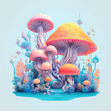 Psychedelic art style painting of mushrooms in bright colors.