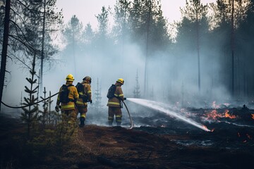 firefighters fighting a forest fire. - obrazy, fototapety, plakaty