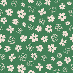 Fototapeta na wymiar Cute, calico floral seamless repeat pattern. Random placed, vintage botany all over surface print on green background.