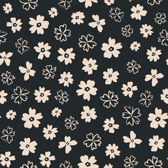 Cute calico floral seamless repeat pattern. Random placed, vintage botany all over surface print on black background.