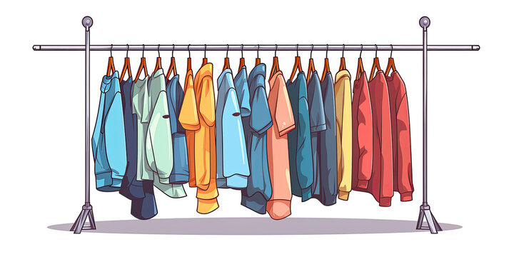 Colored clothes or apparel hanging on hangers on garment rack or rail isolated on white background. Clothing organization or storage. Inner space of closet or wardrobe. Hand-drawn illustration style
