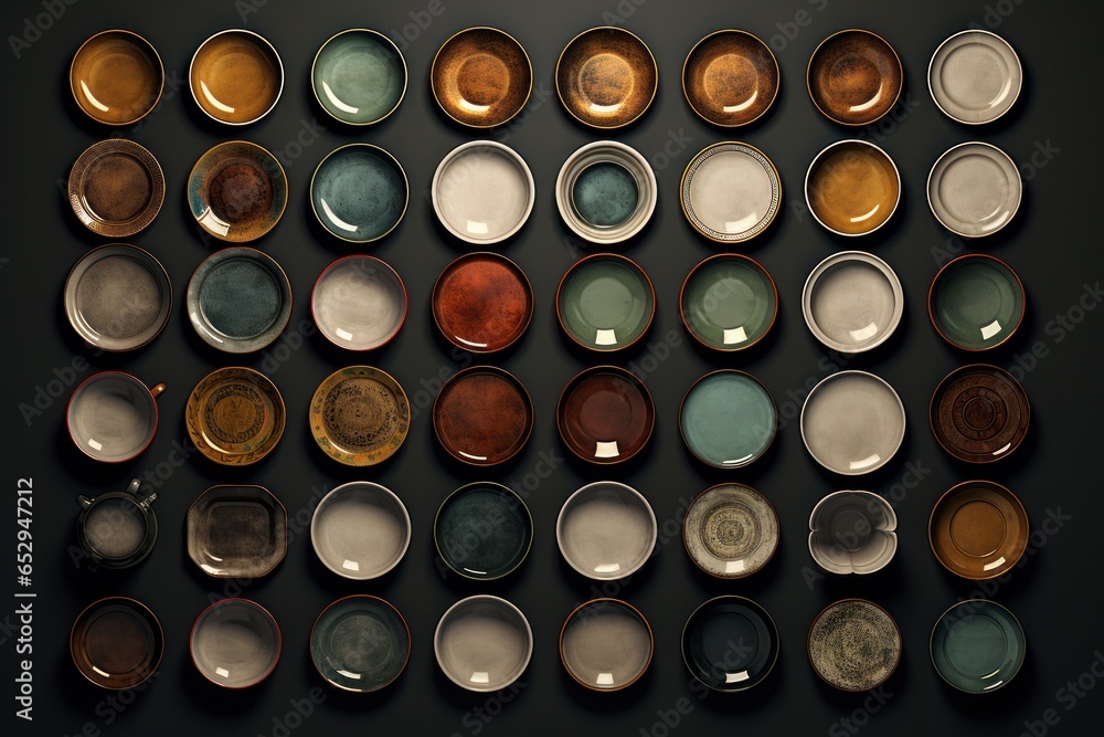 Poster A collection of various colored plates arranged on a wall. This versatile image can be used for interior design, home decor, or restaurant themes.