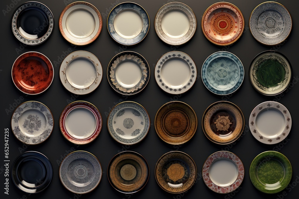 Poster A collection of plates featuring various designs. Perfect for adding a touch of elegance and style to any dining or special occasion.