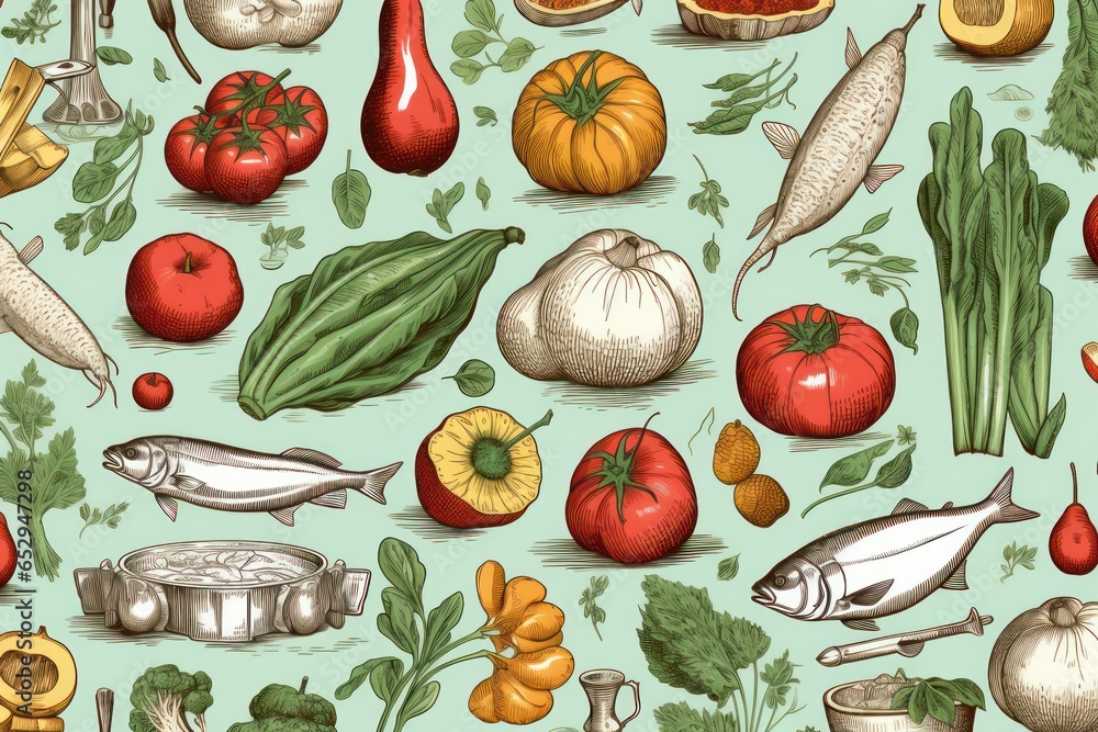 Aufkleber A variety of different types of vegetables are arranged on a vibrant green background. This image can be used to showcase the freshness and diversity of vegetables in a healthy eating concept or for p