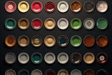 A collection of different colored plates arranged on a black surface. Can be used for showcasing a variety of tableware or as a background for food-related content.