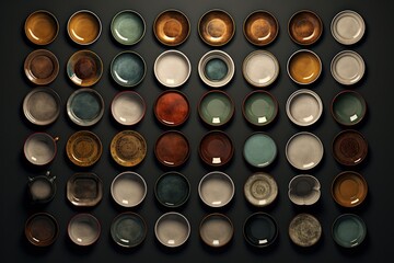 A collection of various colored plates arranged on a wall. This versatile image can be used for interior design, home decor, or restaurant themes.