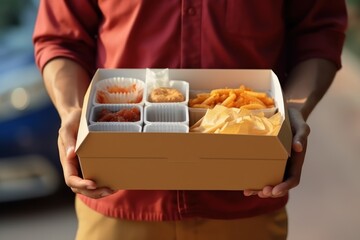 A man holding a box of chips and condiments. Perfect for food and snack related designs and promotions.