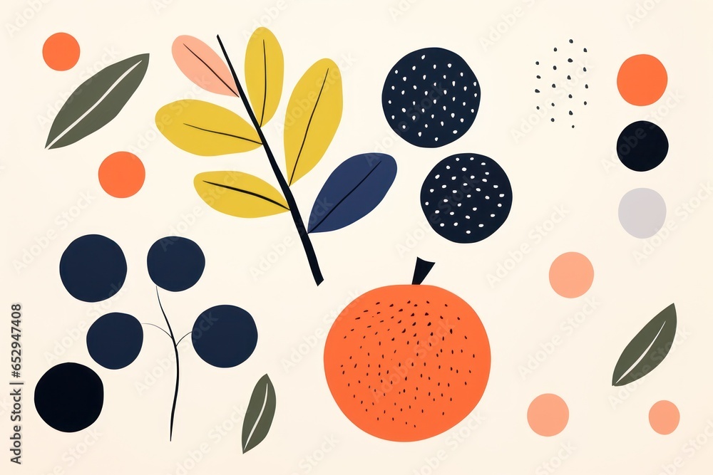 Poster a painting featuring various fruits and leaves on a plain white background. this image can be used f