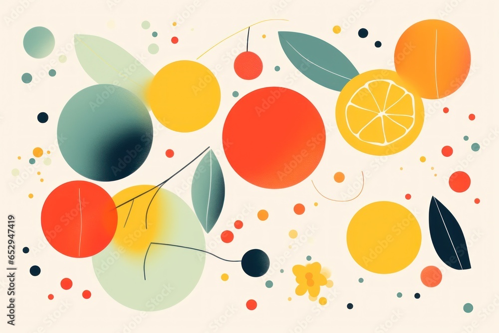 Poster a vibrant painting depicting a variety of oranges, lemons, and leaves. perfect for adding a touch of