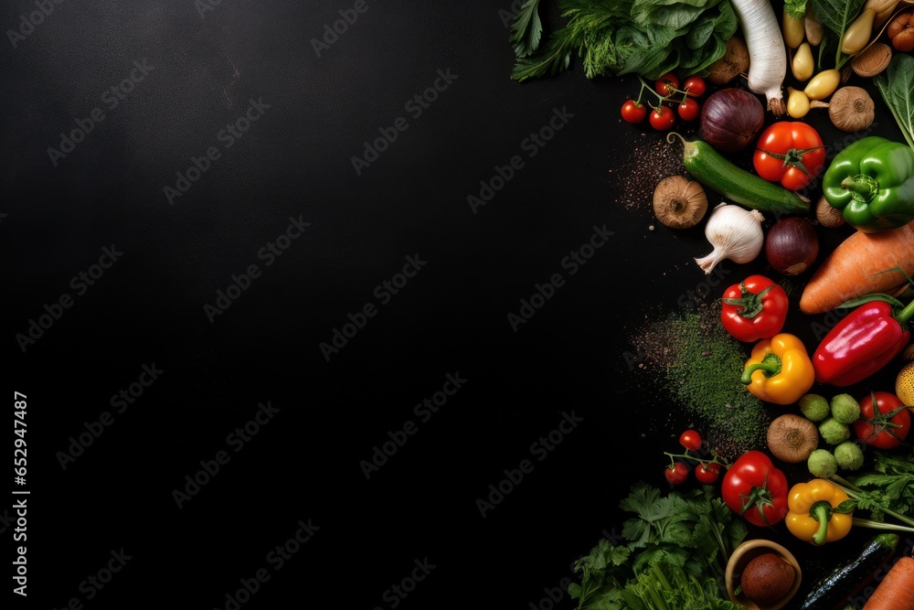 Aufkleber A collection of various fresh and colorful vegetables displayed on a sleek black background. Perfect for food-related projects or healthy eating concepts.