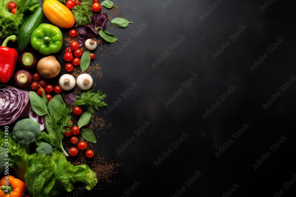 Poster A collection of different vegetables neatly arranged on a black surface. Perfect for illustrating healthy eating, vegetarian lifestyle, or cooking concepts.