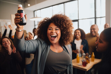 Black overweight woman celebrating success with work team at bar, Generative AI