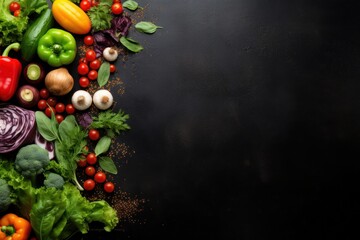 A collection of different vegetables neatly arranged on a black surface. Perfect for illustrating healthy eating, vegetarian lifestyle, or cooking concepts. - obrazy, fototapety, plakaty