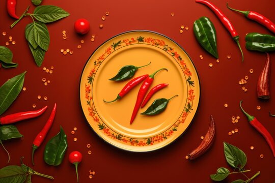A vibrant yellow plate filled with fresh red peppers and adorned with green leaves. This image is perfect for food-related projects and can be used to showcase healthy eating, cooking, or recipes.
