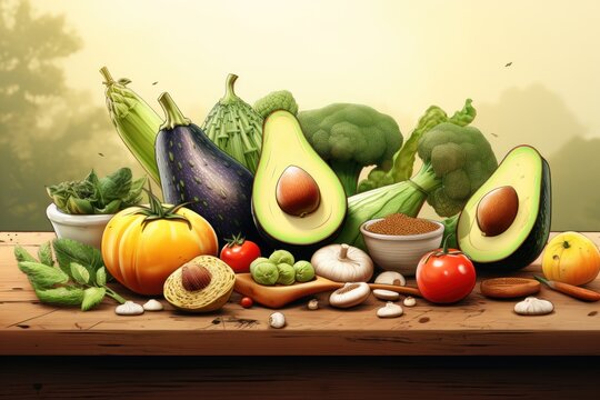 A table displaying a variety of fresh fruits and vegetables. This image can be used to promote healthy eating or as a background for a recipe book cover.