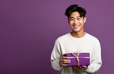 Handsome Asian happy young guy man 20 years old holding holiday gift box with bow and ribbon, surprise happy valentine's birthday boy on purple, lilac background copy space