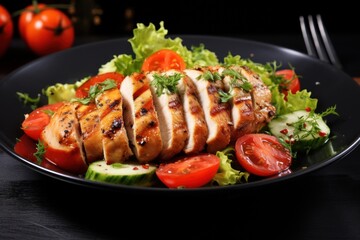 A delicious salad with sliced chicken served on a black plate. Perfect for healthy meal concepts and restaurant menus.