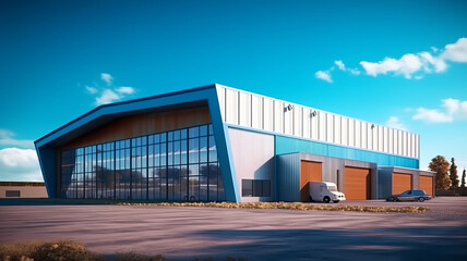 Fototapeta na wymiar Industrial hangar. Warehouse building exterior. Industrial building under blue sky.generative ai