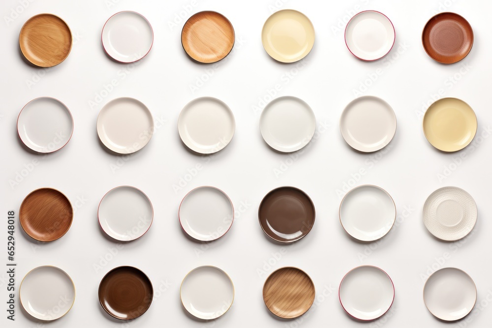 Poster a collection of vibrant and diverse colored plates displayed on a clean white table. perfect for add