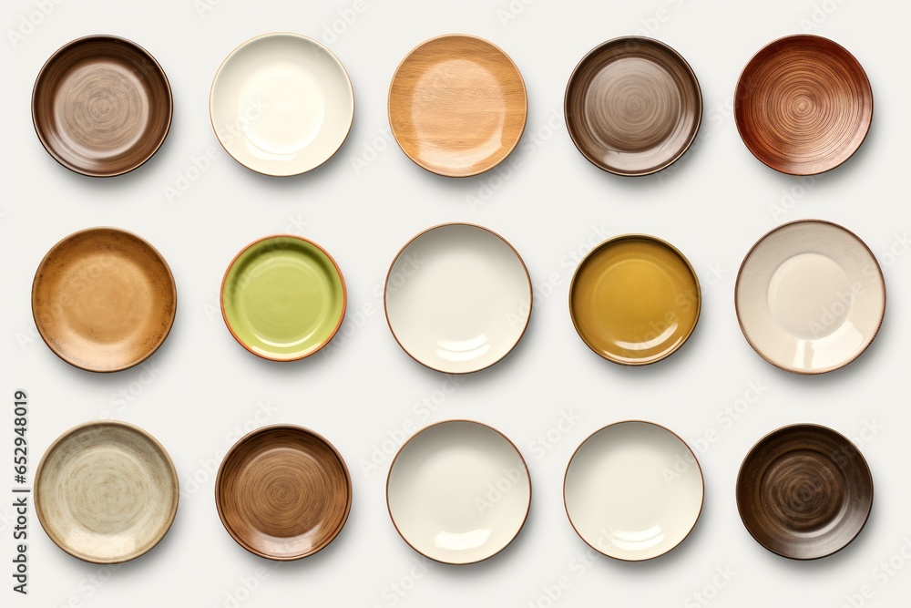 Aufkleber a collection of various colored plates arranged on a white surface. this versatile image can be used