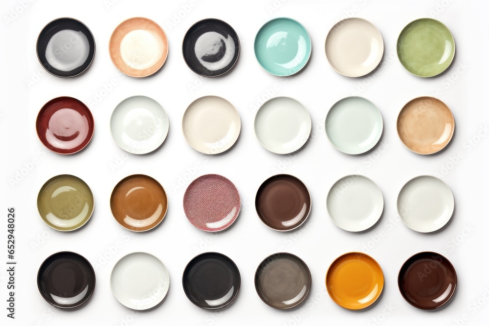 Aufkleber a collection of various colored plates placed on a clean white surface. ideal for adding a pop of co